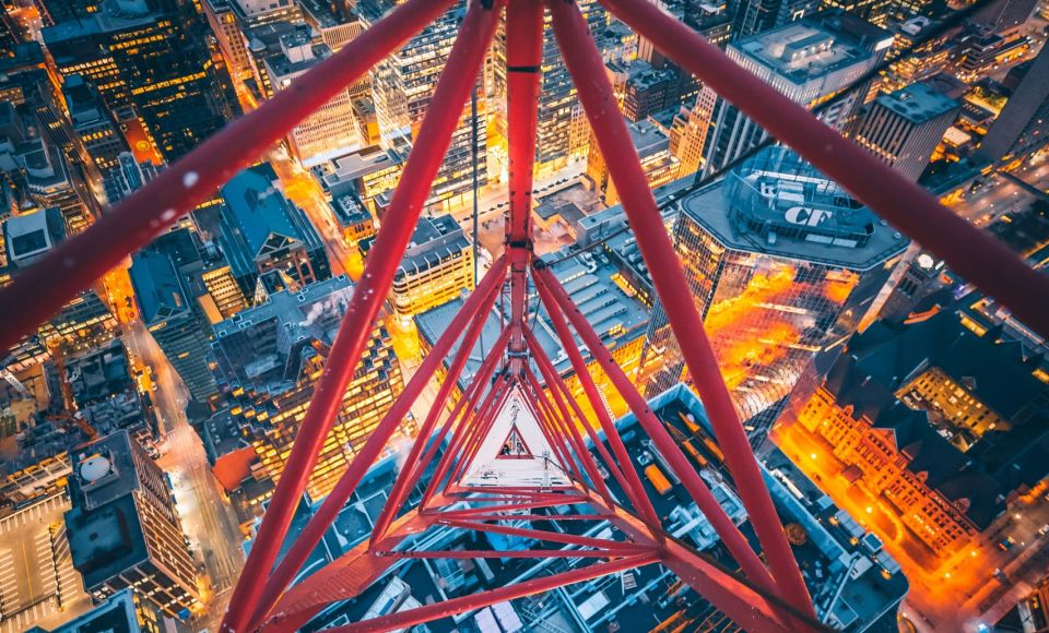An aerial view of a city at night